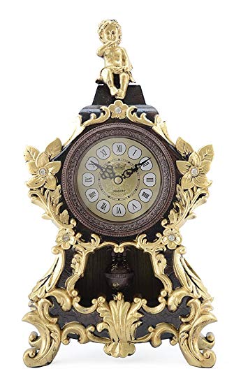 Antique Linseng Polyresin Mantel Table Clock With Swinging Pendullum and Angel