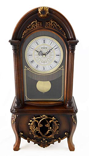 Stunning Shiny Polyresin Wood Inspired Table Clock with Swinging Pendulum and Roman Numerals