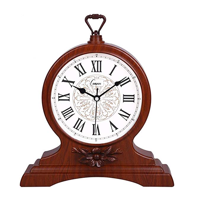 HAOFAY Retro Vintage Mantel/European Yellow Wood Roman Numerals Silent Quartz Clock Clock Desk and Shelf Clock Decoration