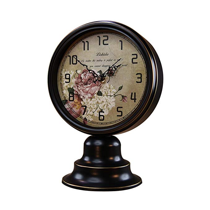 HAOFAY Metal Desktop Clock, Black Living Room Retro Vintage Quartz Clock Desk Clock and Shelf Clock Decoration