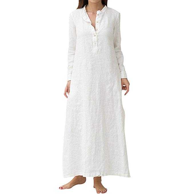 Overmal Women's Kaftan Cotton Long Sleeve Plain Casaul Oversized Maxi Long Dress WH/L