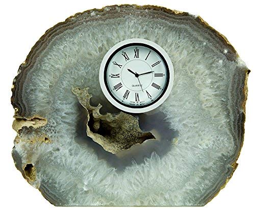 GeoCentral Natural Agate Mantel Silver Tone Wind-up Clock Room Decor Specimen