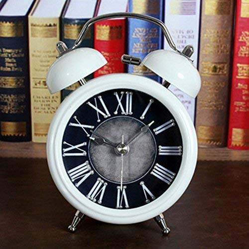 Usany White 5'' Rivet Two Bells Table Clock Desktop Clock Roman Numerals Non-ticking Silent Quartz Retro Vintage Alarm Clocks Desk Clocks with Nightlight and Loud Alarm