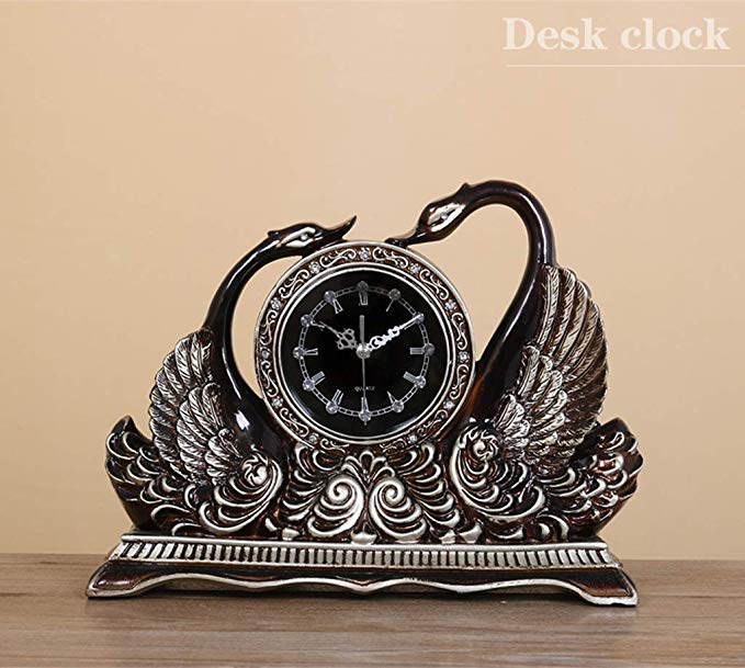 HAOFAY Mute Table Clock, Resin Desktop Clock Home Decor Battery Powered (Color : Ancient Silver)