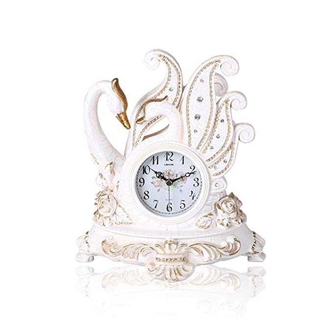 HAOFAY clock - European Vintage Mantel/Resin White Quartz Clock Antique Living Room Desk & Shelf Clock Decoration