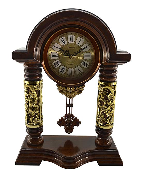 Antique Linseng Wooden Mantel Table Clock With Swinging Pendullum Decoration