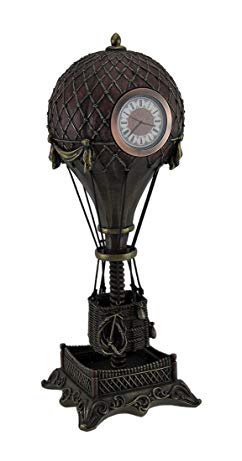 Resin Table Clocks Time Flies Steampunk Hot Air Balloon Clock Tower Statue 12 Inch 4.25 X 12 X 4.25 Inches Bronze