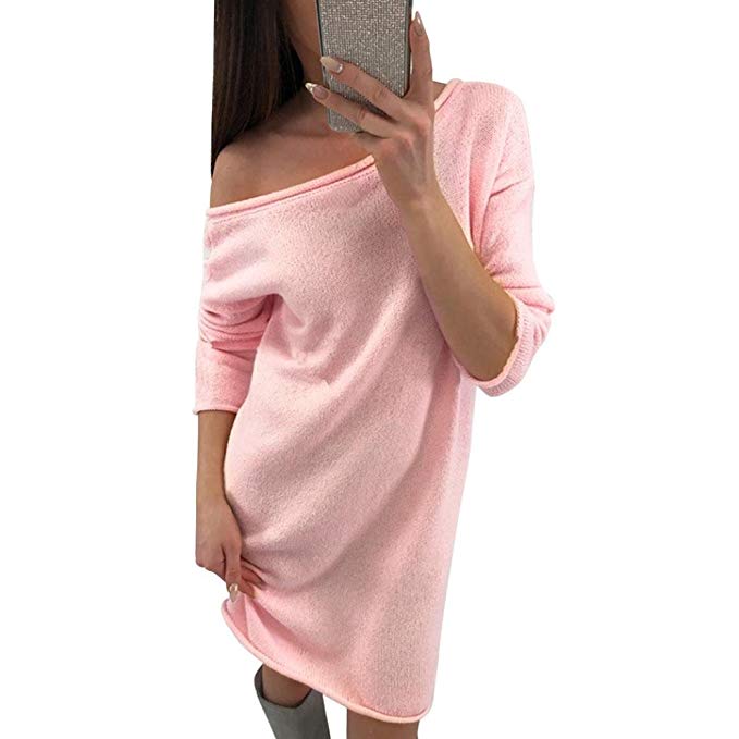 Overmal Fashion Womens Solid O-Neck Sweater Casual Long Sleeve Pullove Backless Dress