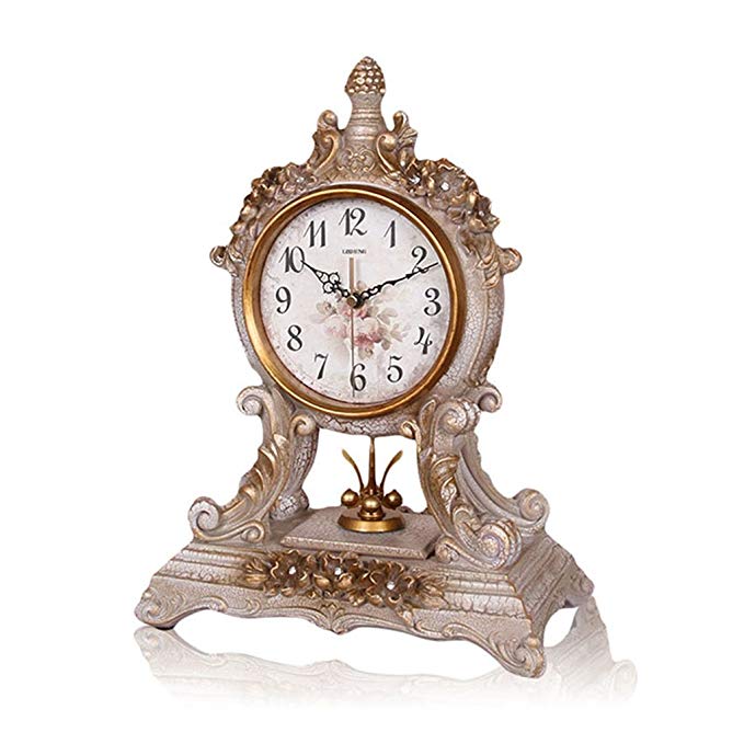 HAOFAY clock - Retro Vintage Mantel/Mantle Brown Quartz Clock Antique Resin Living Room Desk & Shelf Clock Decoration