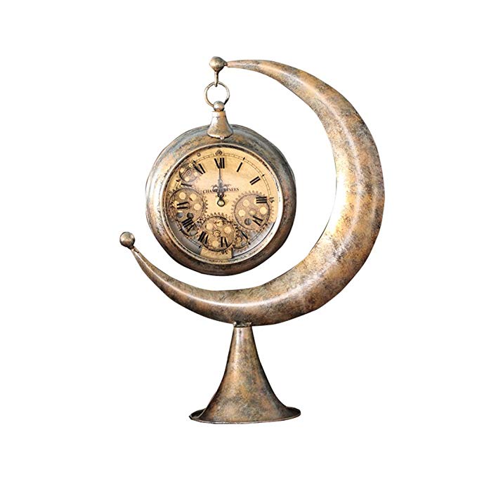 HAOFAY Retro Industrial Wind Desktop Clock, Moon Creative Gear Decorative Clocks and Shelf Clock