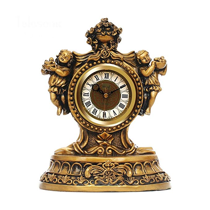 HAOFAY Vintage Decorative Resin Table Clock Living Room Muted Clock on European Antique Quartz Watch Table