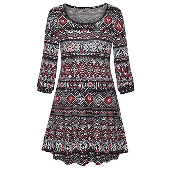 Overmal Womens Long Sleeve O Neck Floral Dress Ladies Summer Casual Dress