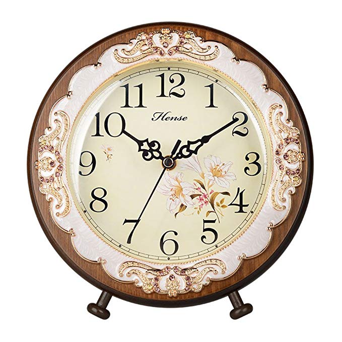 HENSE Victorian Garden Living Room Decorative Desk Clocks Silent Non tick Sweep Second Wooden Table Clock HD10 (Brown)