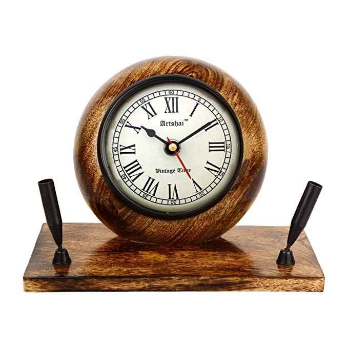 Artshai Premium Wooden Table Clock cum Pen Stand. Excellent desk décor and organiser, Antique style