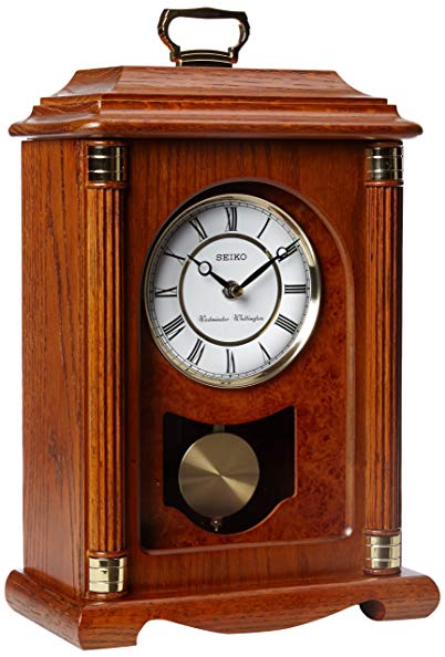 Seiko Mantel Chime with Pendulum Carriage Clock Dark Brown Solid Oak Case Metal Accents