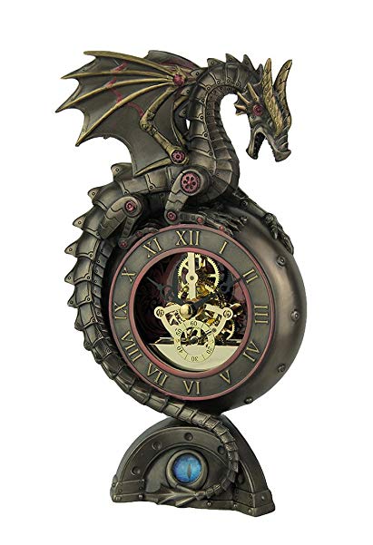 Resin Table Clocks Steampunk Dragon Bronze Finish Table Clock With Moving Clockworks 4.75 X 9 X 3 Inches Bronze