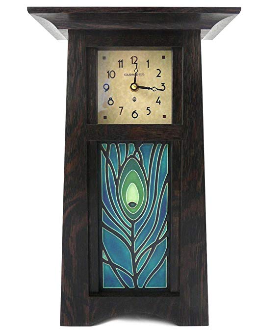 American Made Craftsman Style Mantel/Shelf Clock With Peacock Feather Art Tile, Oak Wood with Slate Finish, 15