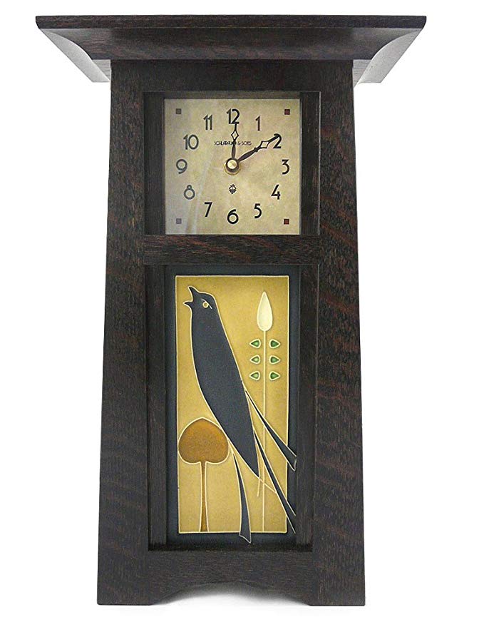 American Made Tall Craftsman Style Mantel/Shelf Clock With Songbird Art Tile, Oak Wood with Slate Finish, 15