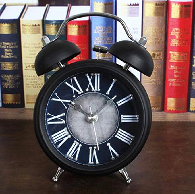 Usany retro do the old metal bell alarm clock antique creative sit clock table clock Black