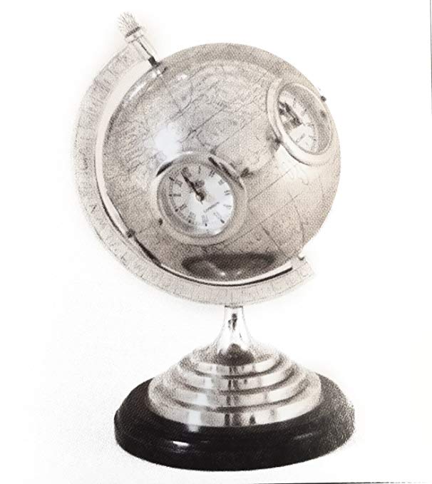Maitland-Smith Antique Nickel Finished Brass Globe Clock with Black Waxstone Base 1254-195