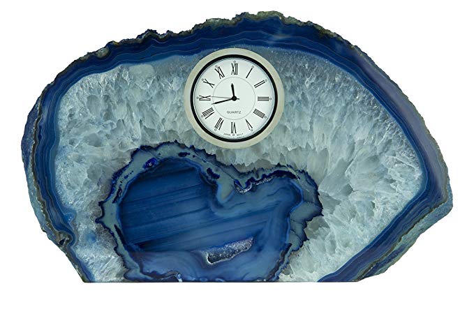 GeoCentral Blue Agate Mantel Silver Tone Wind-up Clock Room Decor Specimen